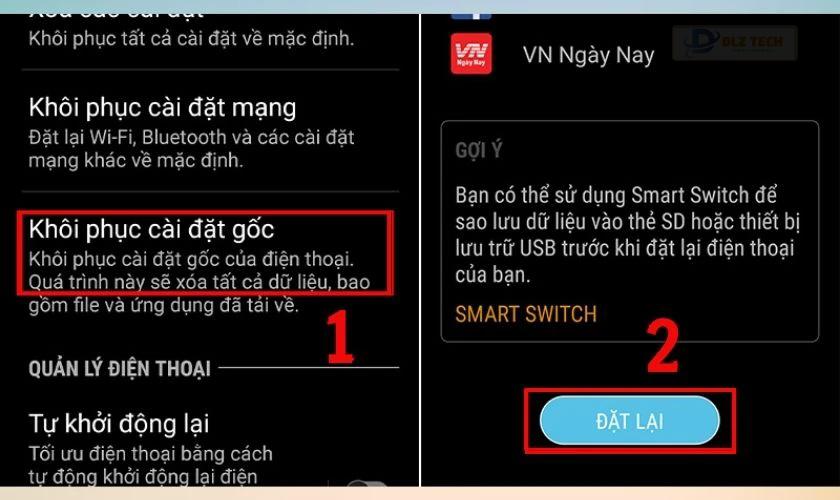 Chọn Khôi phục cài đặt gốc và nhấn Đặt lại để xác nhận và bắt đầu quá trình