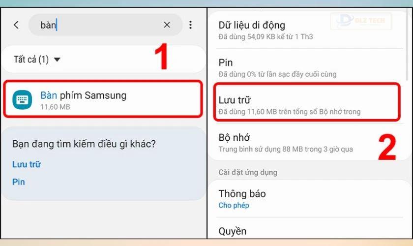 Tìm và chọn Bàn phím Samsung sau đó chọn Lưu trữ