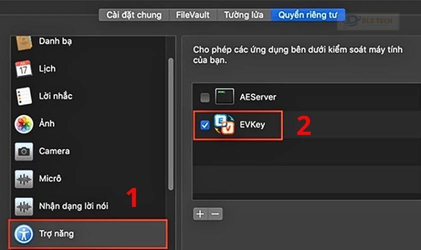 Tiếp theo, bạn chọn ô Trợ năng ở cột bên trái giao diện, rồi tích chọn ô Evkey