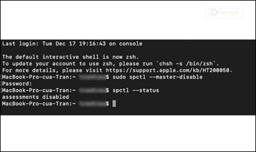 Hãy gõ lệnh “spctl --status” rồi Enter để kiểm tra Gatekeeper đã được tắt hay chưa. Nếu cửa sổ MacBook hiện “assessments disabled” nghĩa là đã thành công