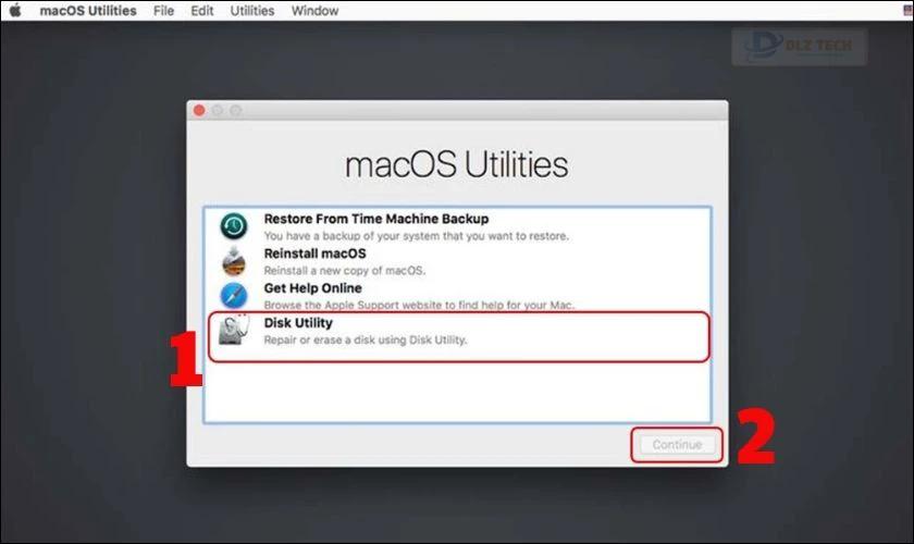 Bạn chọn Disk Utility và nhấn vào Continue