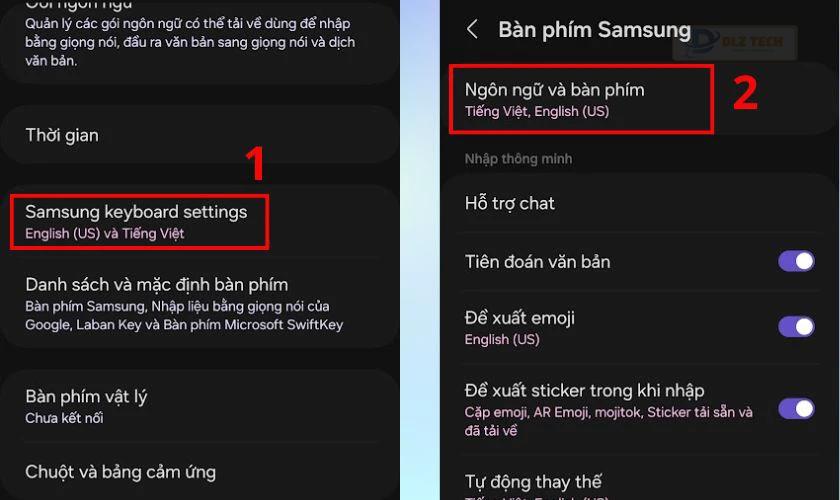 Chọn Samsung keyboard settings, sau đó chọn Ngôn ngữ và bàn phím