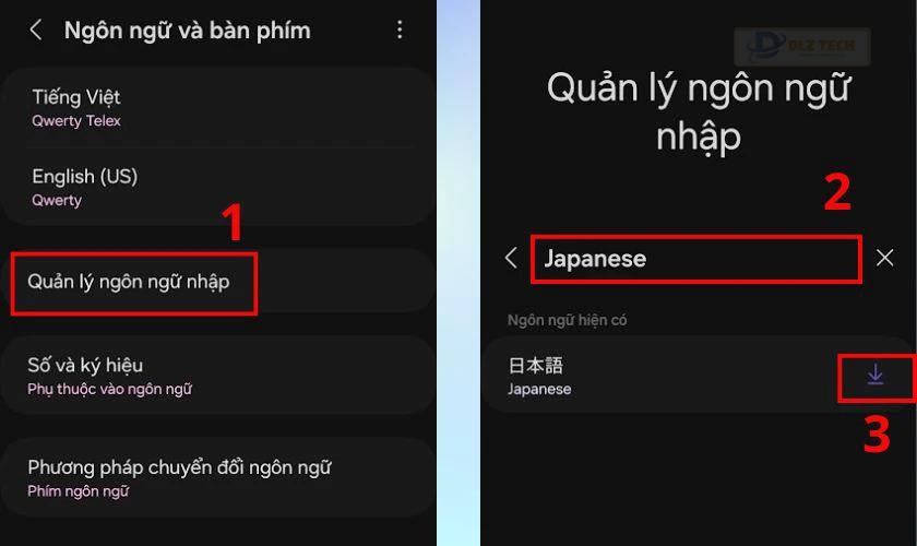 Chọn Quản lý ngôn ngữ nhập, tìm Japanese và nhấn vào biểu tượng tải xuống