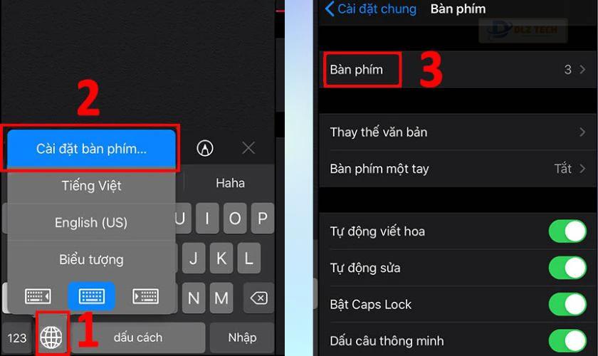 Mở bàn phím lên và nhấn giữ biểu tượng trái đất, sau đó nhấn chọn Cài đặt bàn phím...