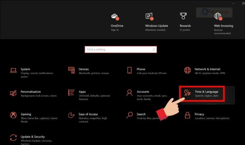 Tìm và click vào Time & Language trong cửa sổ Settings