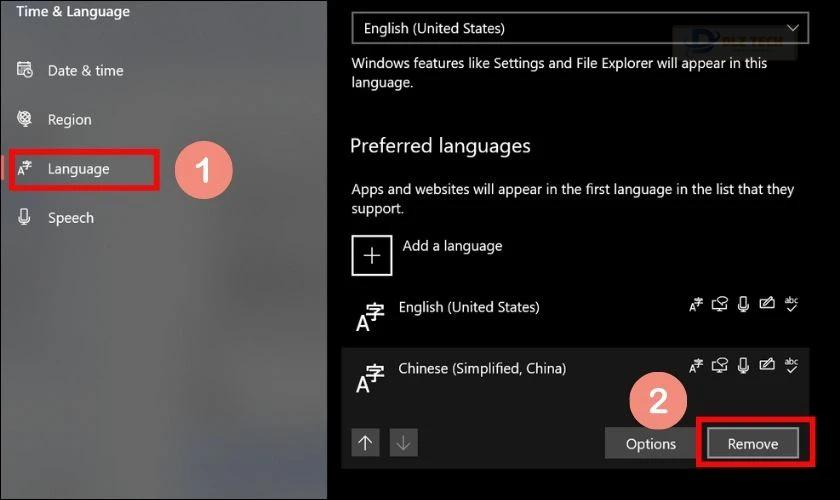 Chọn ngôn ngữ bạn muốn xóa rồi click vào ô Remove