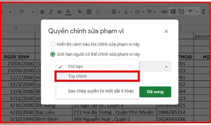 Vào menu thả xuống, chọn Tùy chỉnh (thiết lập người được phép chỉnh sửa các ô tính)