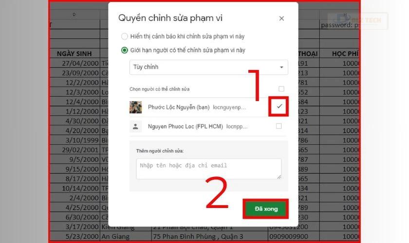 Tích vào hộp kiểm tên người dùng được phép chỉnh sửa nội dung và nhấn Đã xong để hoàn tất