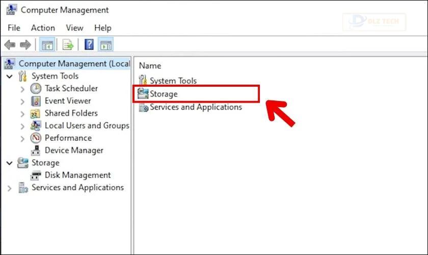 Xuất hiện hộp thoại Computer Management, bạn bấm chọn mục Storage
