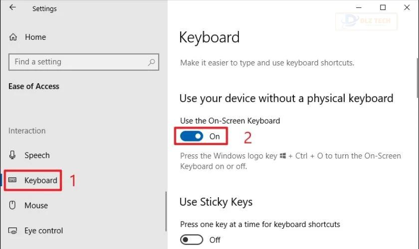 Bật tùy chọn On-Screen Keyboard