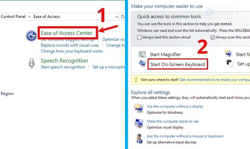 Chọn phần Ease of Access Center, cuối cùng chọn vào Start On-Screen Keyboard