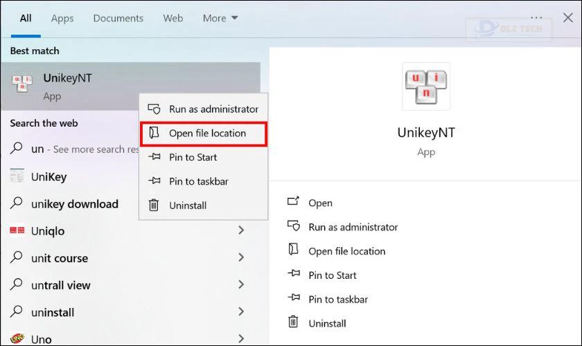 Nhấn chuột phải vào Unikey và chọn vào Open file location