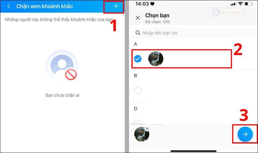 Tích chọn tên người cần chặn xem khoảnh khắc và bấm vào biểu tượng dấu mũi tên