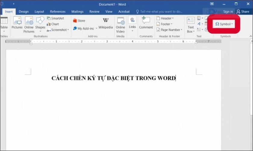 Trong tab Insert, hãy click vào biểu tượng này để mở hộp thoại Symbols