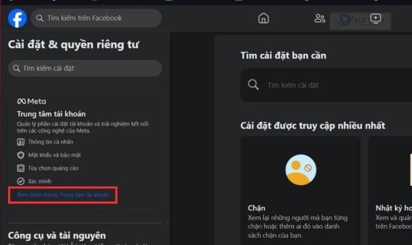 Tìm và nhấp vào Xem thêm trong phần Trung tâm tài khoản