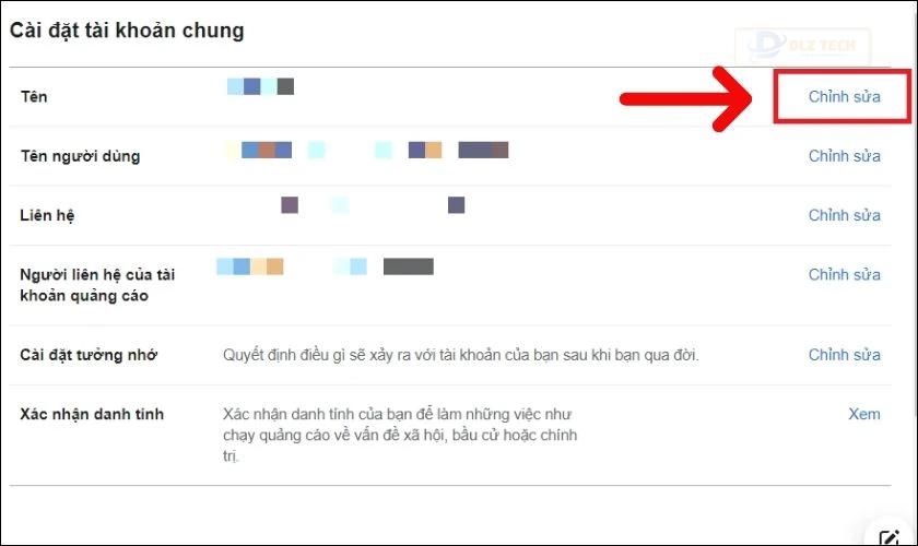 Trong mục Chung, bạn chọn Tên và chọn mục Chỉnh sửa