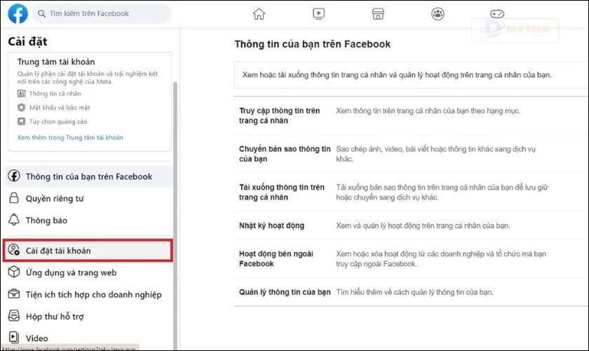 Truy cập vào mục Cài đặt trên Facebook, sau đó vào Cài đặt tài khoản
