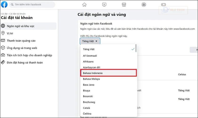 Trong mục Ngôn ngữ và khu vực, chọn Bahasa Indonesia.