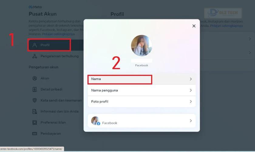 Trong mục Profil, chọn tài khoản cần đổi tên. Nhấp vào Nama để bắt đầu quá trình