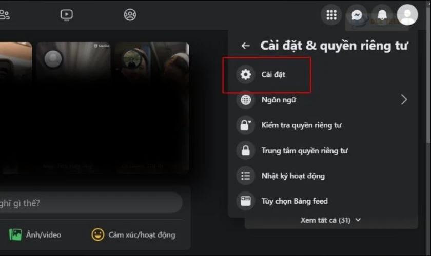 Trong menu hiện ra, chọn Cài đặt
