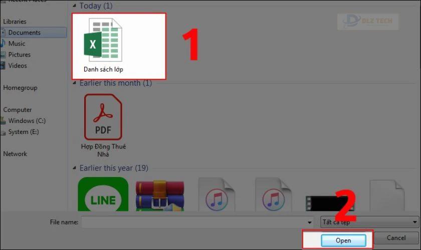Bạn nhấn vào file Excel cần tải và chọn Open (Mở)