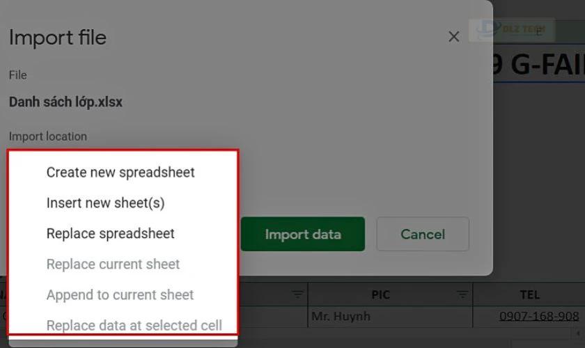 Tại giao diện, bạn có thể lựa chọn Create new spreadsheet, Insert new sheets,...