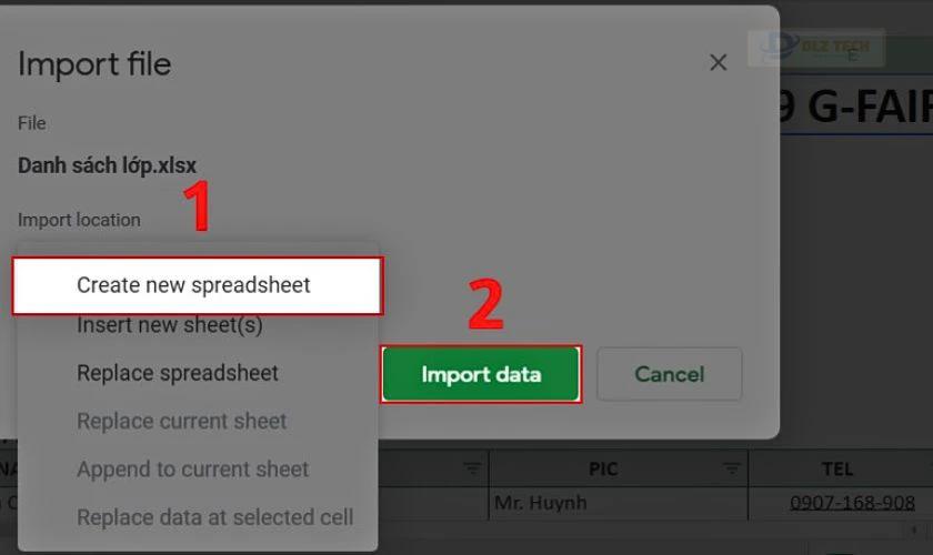 Nhấn chọn vị trí tải file Excel lên và click vào nút Import data (Nhập dữ liệu)