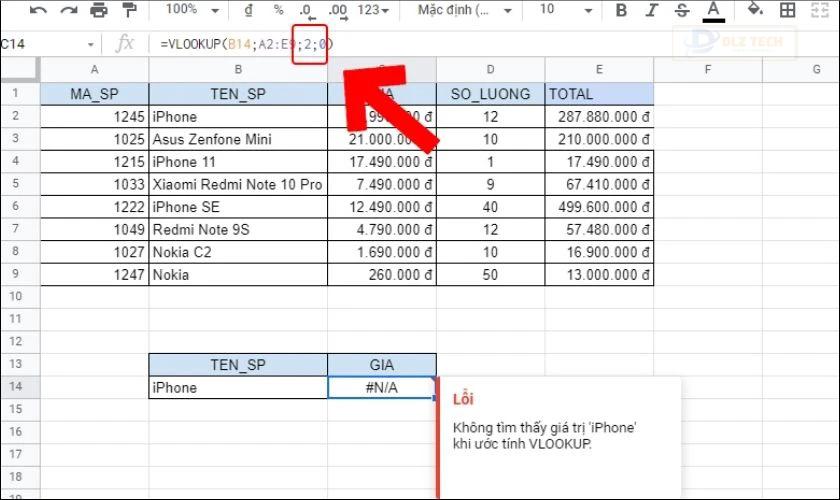 Lỗi #N/A trong hàm Vlookup