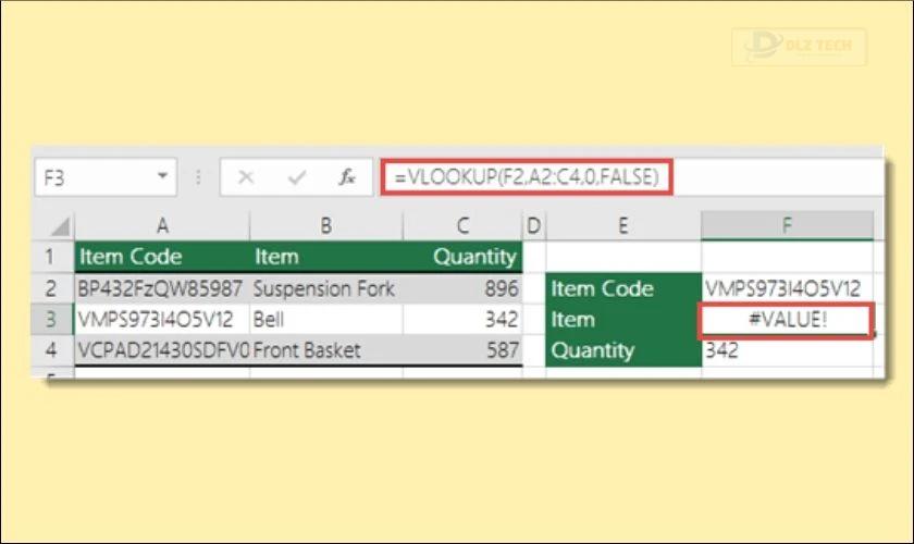 Lỗi #VALUE trong hàm Vlookup