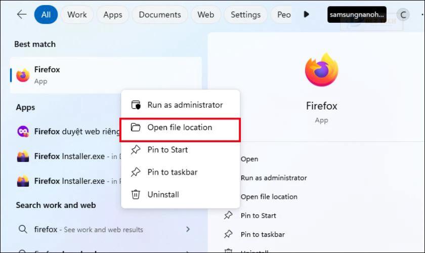 Tìm thư mục cài đặt Firefox