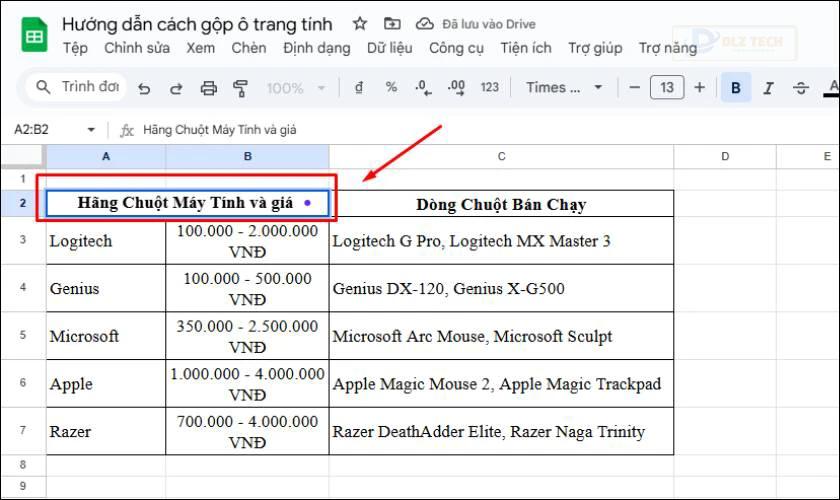 Cách gộp ô trong GG Sheet bằng tùy chọn