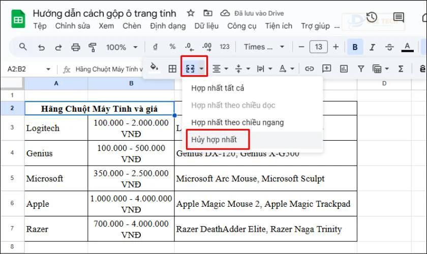 Cách hủy gộp ô trong Google Sheets