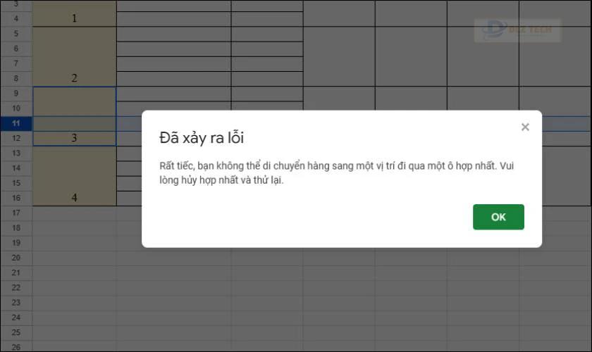 Các lỗi thường gặp khi gộp ô trong GG Sheet