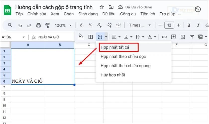 Các loại tùy chọn gộp ô trong GG Sheet