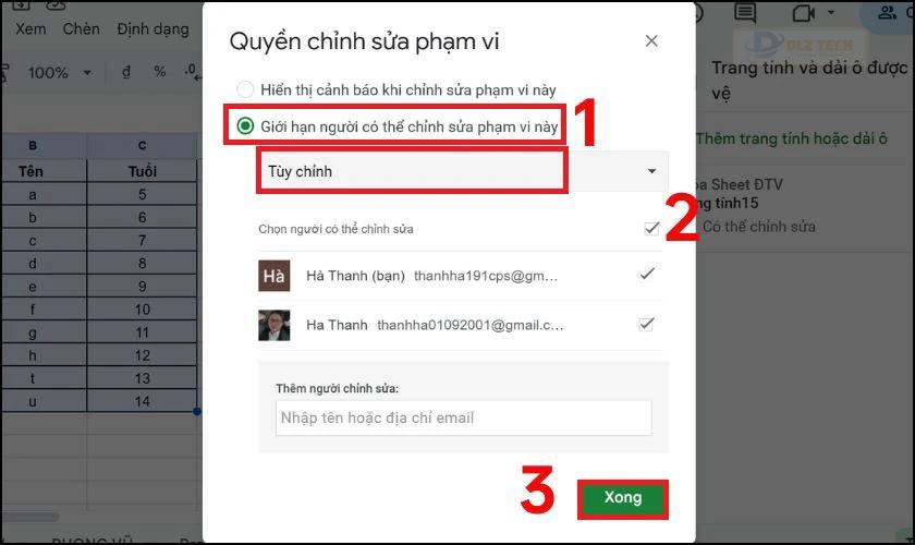 Giới hạn chỉnh sửa ô trong Google Sheet