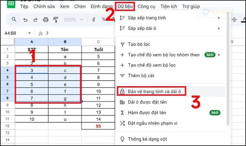 Khóa vùng dữ liệu trong Google Sheet