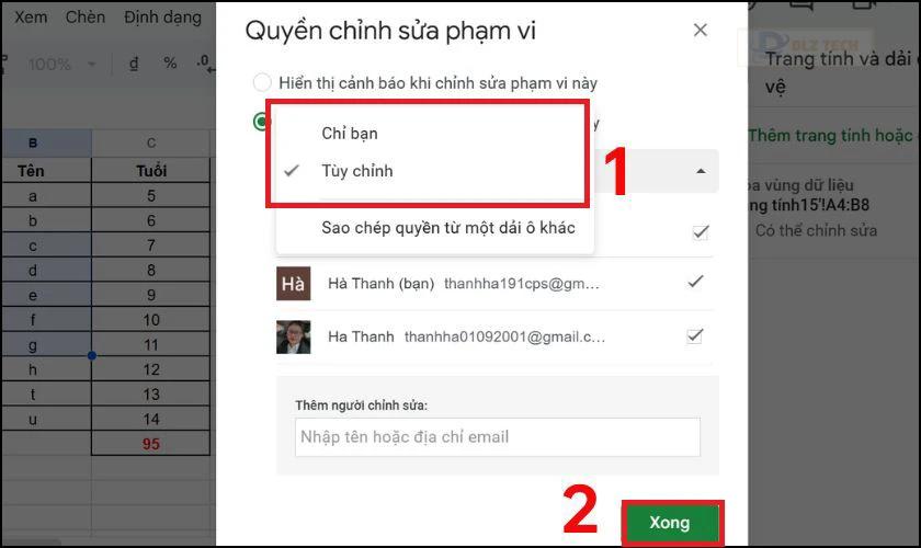 Chọn tùy chọn Chỉ bạn trên vùng dữ liệu