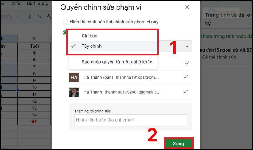 Hoàn tất thiết lập ngoại trừ trong Google Sheets