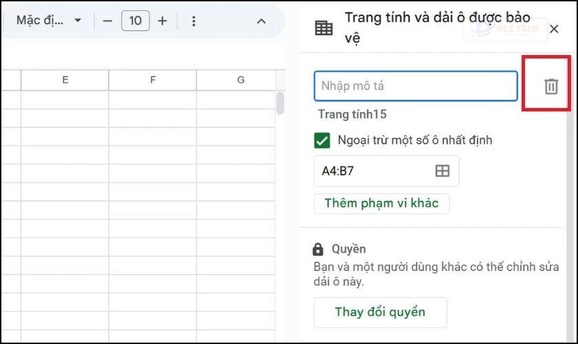 Nhấn vào biểu tượng Thùng rác trong Google Sheet