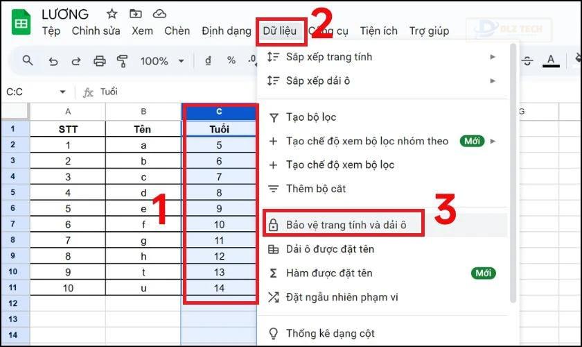 Khóa cột trong Google Sheet