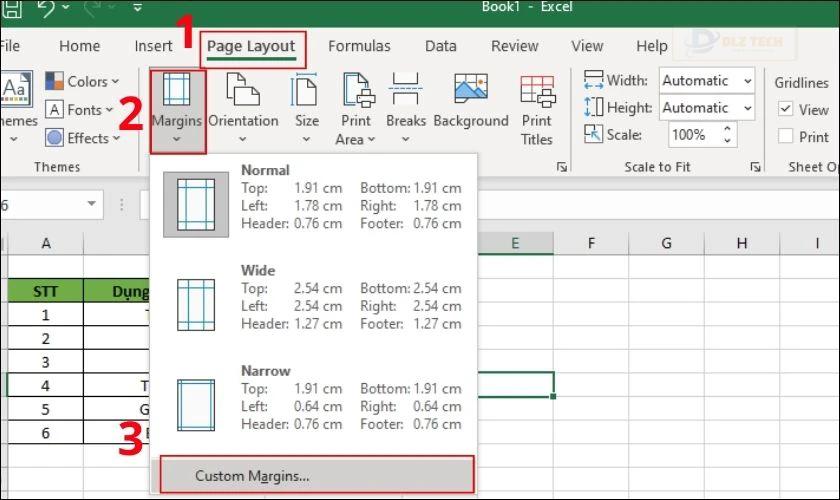 Chọn mục Page Layout. Cuối cùng chọn Margins và chọn Custom Margins