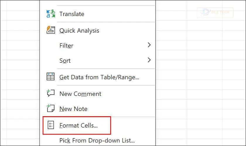 Nhấp chuột phải vào vùng đã chọn và chọn Format Cells