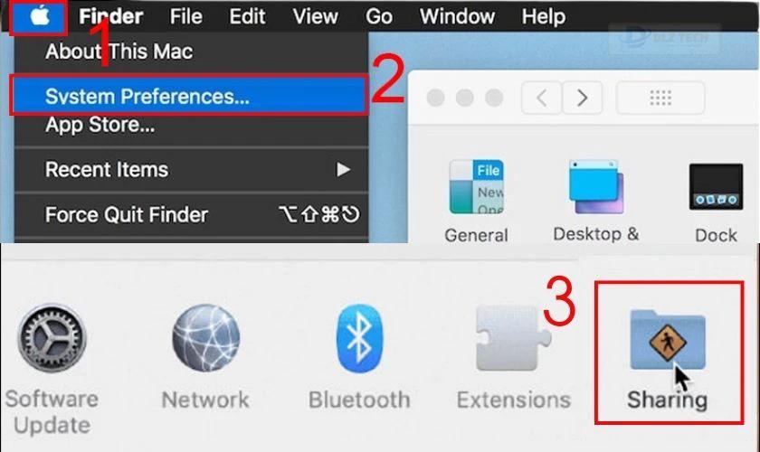 Nhấn vào biểu tượng quả táo Apple, chọn vào System Preferences…, chọn Sharing