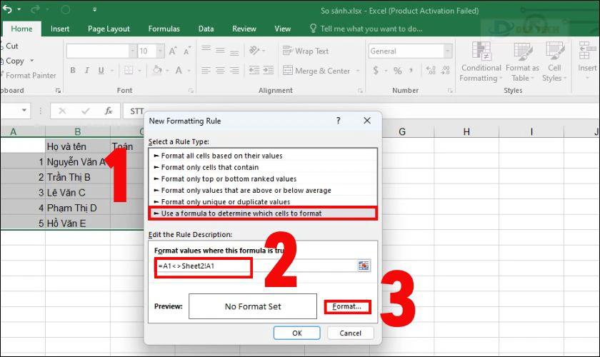 Chọn công thức cho Conditional Formatting