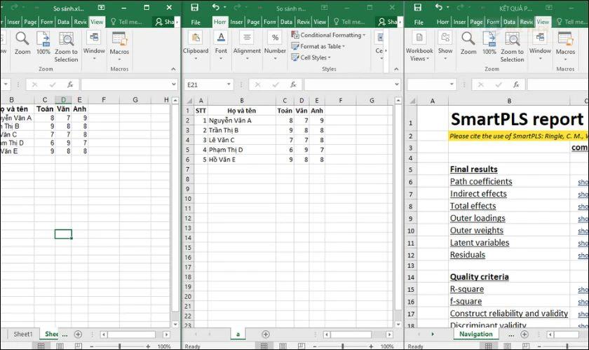 Các file Excel hiển thị cạnh nhau