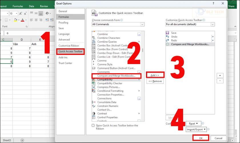 Thêm lệnh Compare and Merge Workbooks vào Quick Access Toolbar