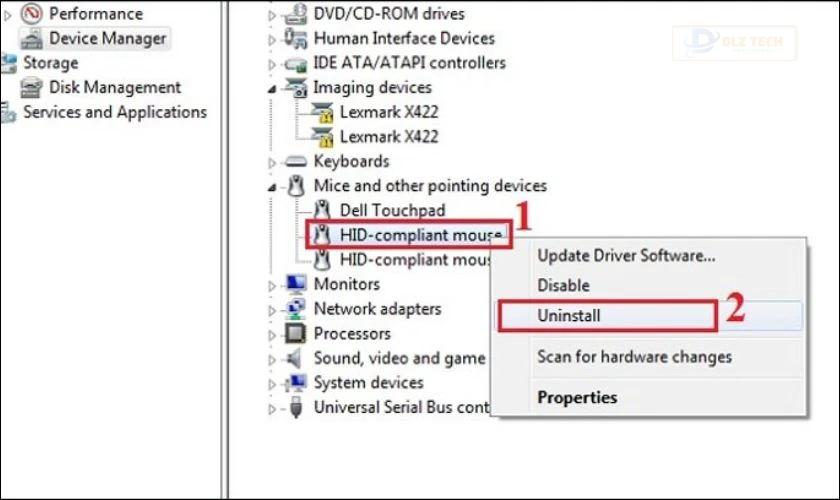 Nhấp chuột phải vào chuột rời và chọn Uninstall device