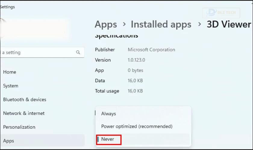 Tại mục Background app permissions, chọn Never để tắt chạy nền