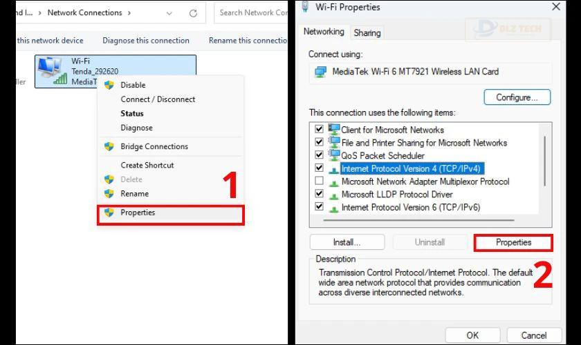 Nhấn Internet Protocol Version 4 (TCP/IPv4) và tiếp tục chọn Properties