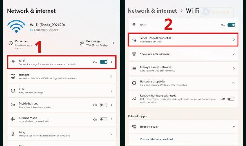 Nhấn chọn vào Wi-Fi và nhấp vào mạng Wifi bạn đang sử dụng